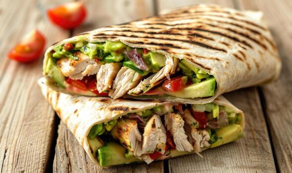 aguacate y pollo envolver en un ligero de madera antecedentes foto