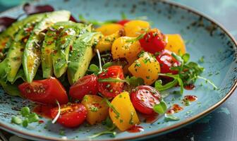 Avocado and roasted vegetable salad on a pastel blue plate photo
