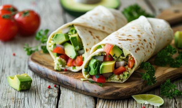 aguacate y rojo pimienta hummus envuelve en un ligero de madera antecedentes foto