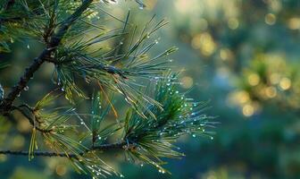 Closeup view on cedar branch in rain drops, bokeh background photo