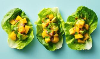 Avocado and mango salsa on endive leaves on a light blue background photo