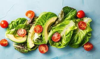 Avocado and tomato salad on endive leaves on a light blue background photo