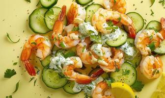 Shrimp and cucumber salad with yogurt dressing on a light yellow background photo
