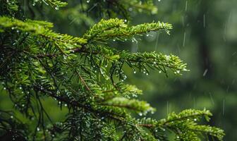 Closeup view on cedar branch in rain drops, bokeh background photo