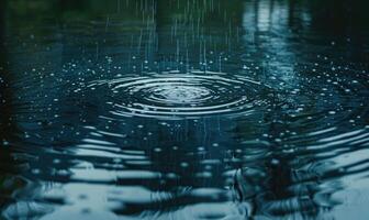 Raindrops falling on the surface of a serene lake, ripples on water surface photo