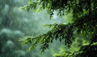 Closeup view on cedar branch in rain drops, bokeh background photo