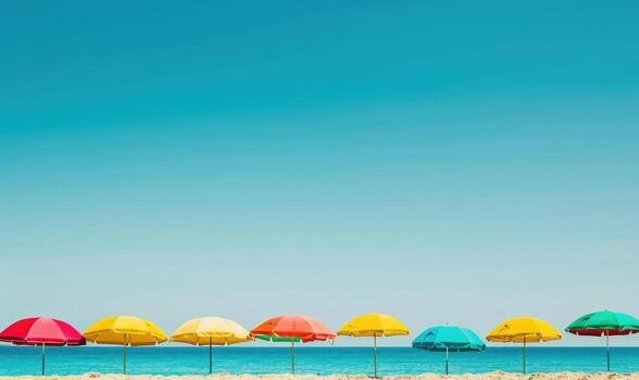 un playa punteado con vistoso paraguas debajo un claro azul cielo, verano turismo antecedentes foto