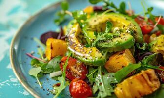 Avocado and roasted vegetable salad on a pastel blue plate photo
