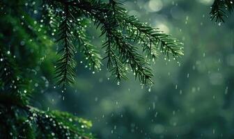 Closeup view on cedar branch in rain drops, bokeh background photo
