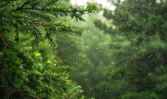 Closeup view on cedar branch in rain drops, bokeh background photo