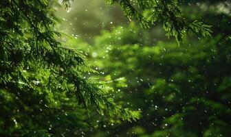 Closeup view on cedar branch in rain drops, bokeh background photo