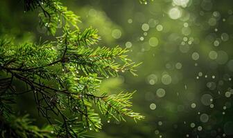 Closeup view on cedar branch in rain drops, bokeh background photo
