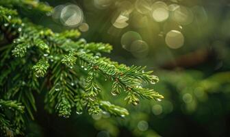 Closeup view on cedar branch in rain drops, bokeh background photo