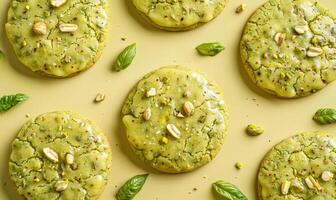 Pistachio and basil cookies with pistachio glaze on a light yellow background photo