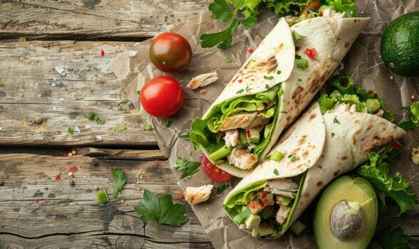 aguacate y Turquía envolver en un ligero de madera antecedentes foto