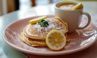 Lemon and ricotta pancakes with a cappuccino on a pastel pink plate photo