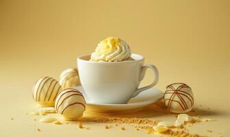 Lemon and white chocolate truffles with a macchiato on a light yellow background photo