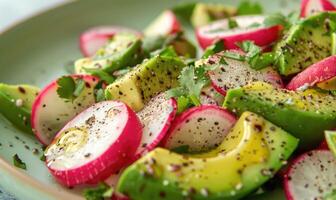 Avocado and radish salad on a pastel green plate photo