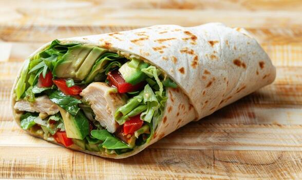 aguacate y pollo envolver en un ligero de madera antecedentes foto