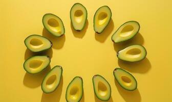 Fresh avocado slices arranged in a circular pattern on a pastel yellow background photo