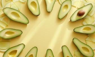 Fresh avocado slices arranged in a circular pattern on a pastel yellow background photo