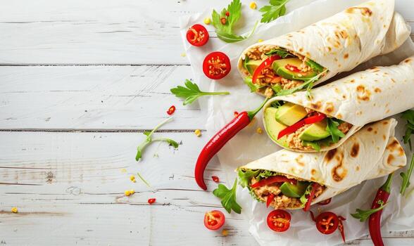 aguacate y rojo pimienta hummus envuelve en un ligero de madera antecedentes foto