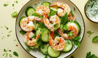 Shrimp and cucumber salad with yogurt dressing on a light yellow background photo