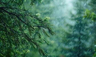 Closeup view on cedar branch in rain drops, bokeh background photo