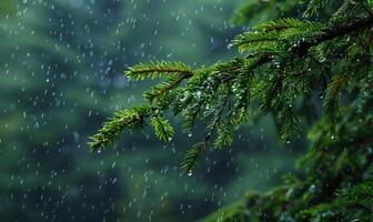 Closeup view on cedar branch in rain drops, bokeh background photo