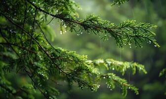 Closeup view on cedar branch in rain drops, bokeh background photo