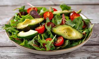 Avocado salad with mixed greens and cherry tomatoes on a light wooden background photo