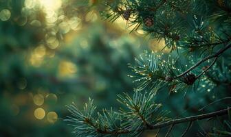 Closeup view on cedar branch in rain drops, bokeh background photo