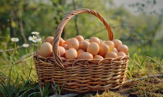 A basket filled with freshly gathered farm eggs photo
