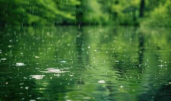 Springtime rain showers creating gentle ripples on the surface of the lake photo