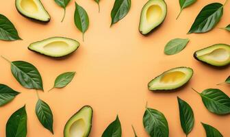 Avocado slices arranged in a circle with leaves on a pastel orange background photo
