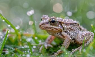Rana arvalis in a dew-kissed meadow. Closeup view of frog in the grass photo