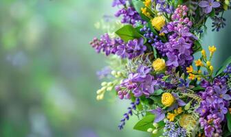 Lilac and laburnum flowers arranged in a wreath, closeup view, bokeh background photo