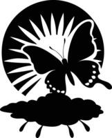 A silhouette of a butterfly soaring towards or against a setting of rising sun vector