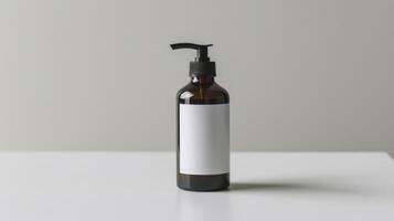 front view of cosmetic bottle with label, standing on a table, white background photo
