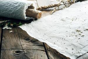 Plantable seed paper showcased on a wooden surface with visible seeds, accompanied by dried plants and twine, emphasizing eco-friendly intentions. photo