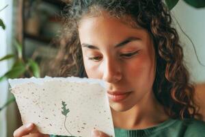 A mixed-race teenage girl observes plantable seed paper with curiosity. Youthful investment in sustainability and eco-friendly practices concept. Generation alpha person portrait. photo