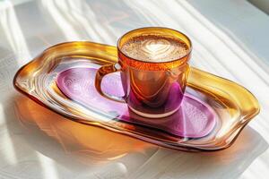 Coffee in a clear glass cup, set against a reflective purple surface and soft pink gradient. photo
