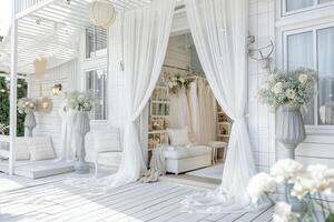 Wedding salon exterior with white wooden cladding and large display windows draped in semi-sheer curtains showcasing wedding gowns. Rustic charm photo