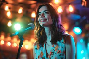 Entertainer poised at the microphone with a radiating bokeh light backdrop, highlighting the excitement of a live performance photo