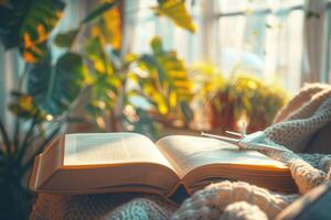 Immigration education program concept. International students and visa. Travel and learning and research the world. Opened book with airplane as a bookmark in front of window. photo