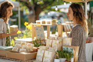 Plantable seed paper products on an eco-friendly market stall. Local small business. photo