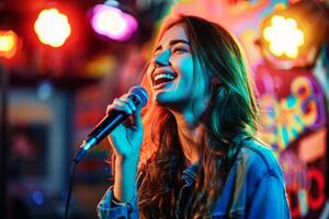 Young female comedian captivating the audience with her wit during an open mic night, highlighted by expressive gestures and a colorful stage backdrop. photo