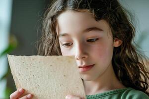 A Generation Alpha girl examines a piece of plantable seed paper with great interest, exploring the concept of growth and sustainability. photo
