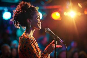 Fun and lively female stand-up comedian confidently engaging the audience with a microphone in hand, her humor emphasized by spirited gestures. photo