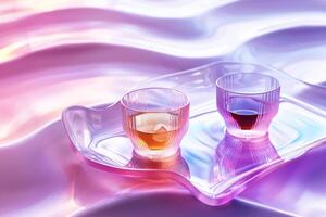 Two elegantly textured glasses with golden and dark red liquids on a reflective tray, set against a serenely undulating pink and purple background. photo